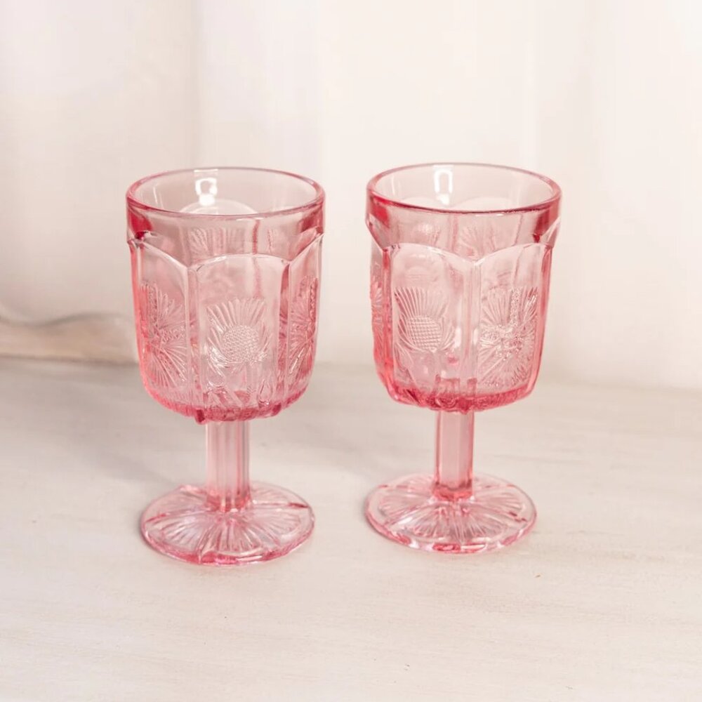 Vintage LE Smith Pink Glass Thistle Goblets (Set of 2)